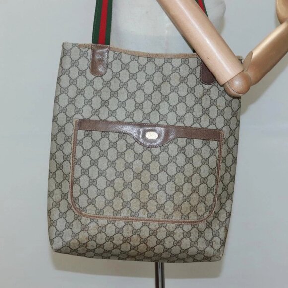 GUCCI GG Supreme Web Sherry Line Tote Bag PVC Beige Green Red Auth 117760 - Picture 3 of 16